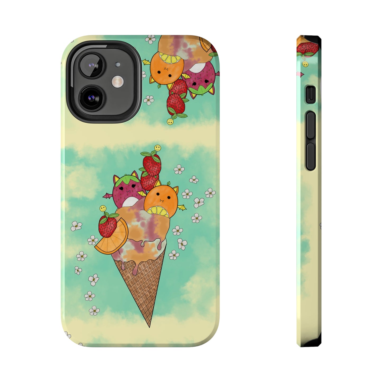 Cute Fruit Bats with Ice Cream and Fruit squish inspired Tough Phone Case. iPhone 14,13,12,11,10,9,8,7 + More