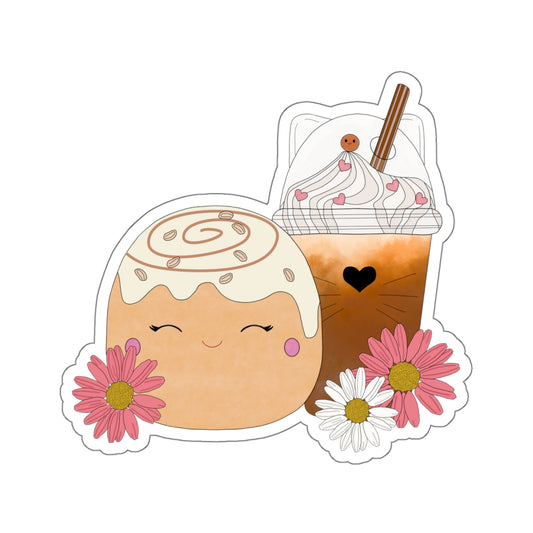 Adorable Cinnamon Bun squish inspired +Coffee & Flowers Kiss-Cut Sticker