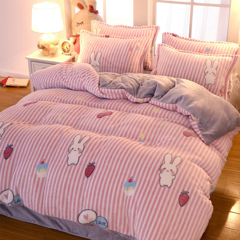 Pink Striped Sweetie Bunny Four-Piece  Fleece Bedding Set For Winter