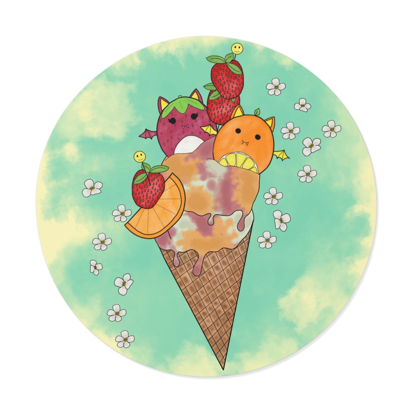 Cute Fruit Bats squish inspired +Ice Cream Round Vinyl Stickers