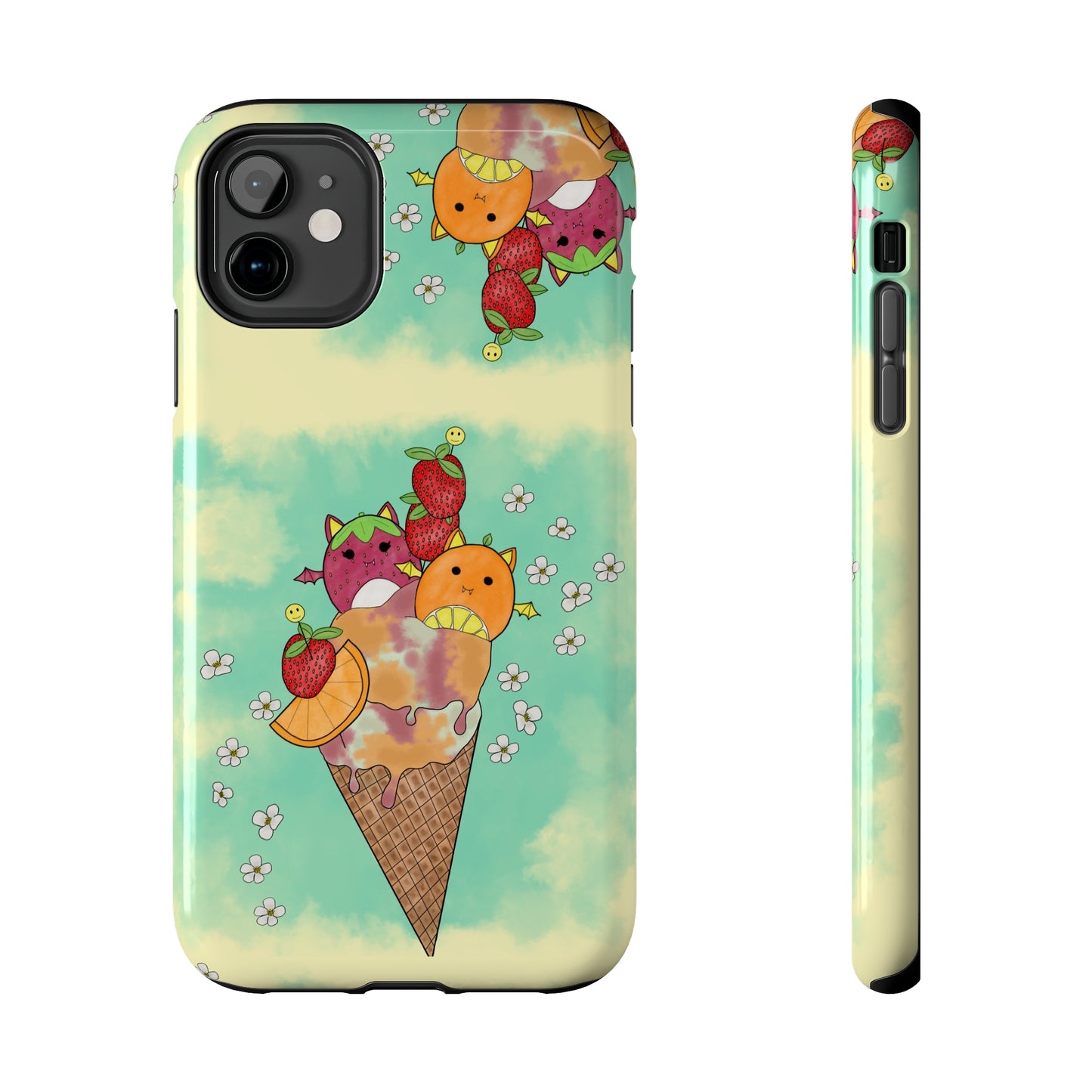 Cute Fruit Bats with Ice Cream and Fruit squish inspired Tough Phone Case. iPhone 14,13,12,11,10,9,8,7 + More